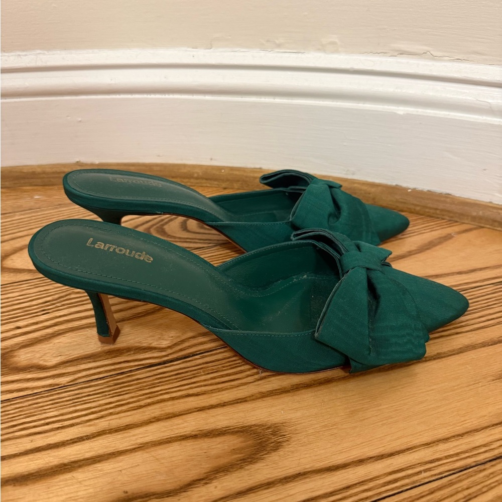 Larroude Teal Bow Pointed-Toe Mules - Picture 2 of 3
